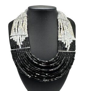 Chico's Necklace NWT Jewelry Statement 21.5" Adjustable Beaded Silver Tone Black